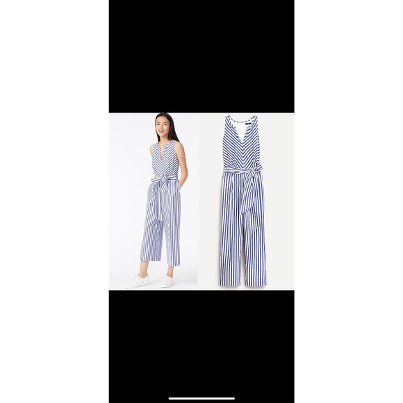 J Crew V-neck Jumpsuit in Striped Cotton Poplin - Picture 1 of 6